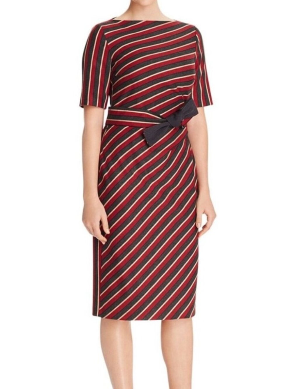 Weekend MaxMara Striped Cotton Virgin Wool Blend Waist Tie Midi Dress